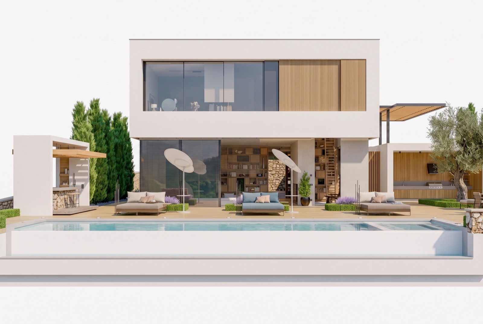 South elevation floor plan — Two stacked volumes over the pool: a fully-opening glass ground floor, a cantilevered white box above with a timber slat screen, and the pergola of the outdoor kitchen to the east.