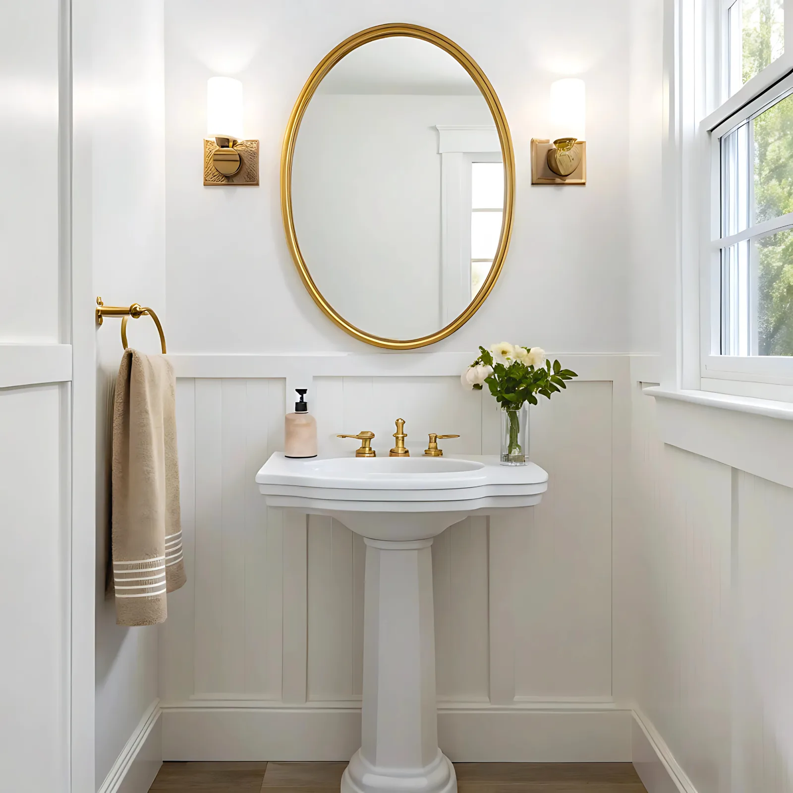 Powder room — panelling & gold accents