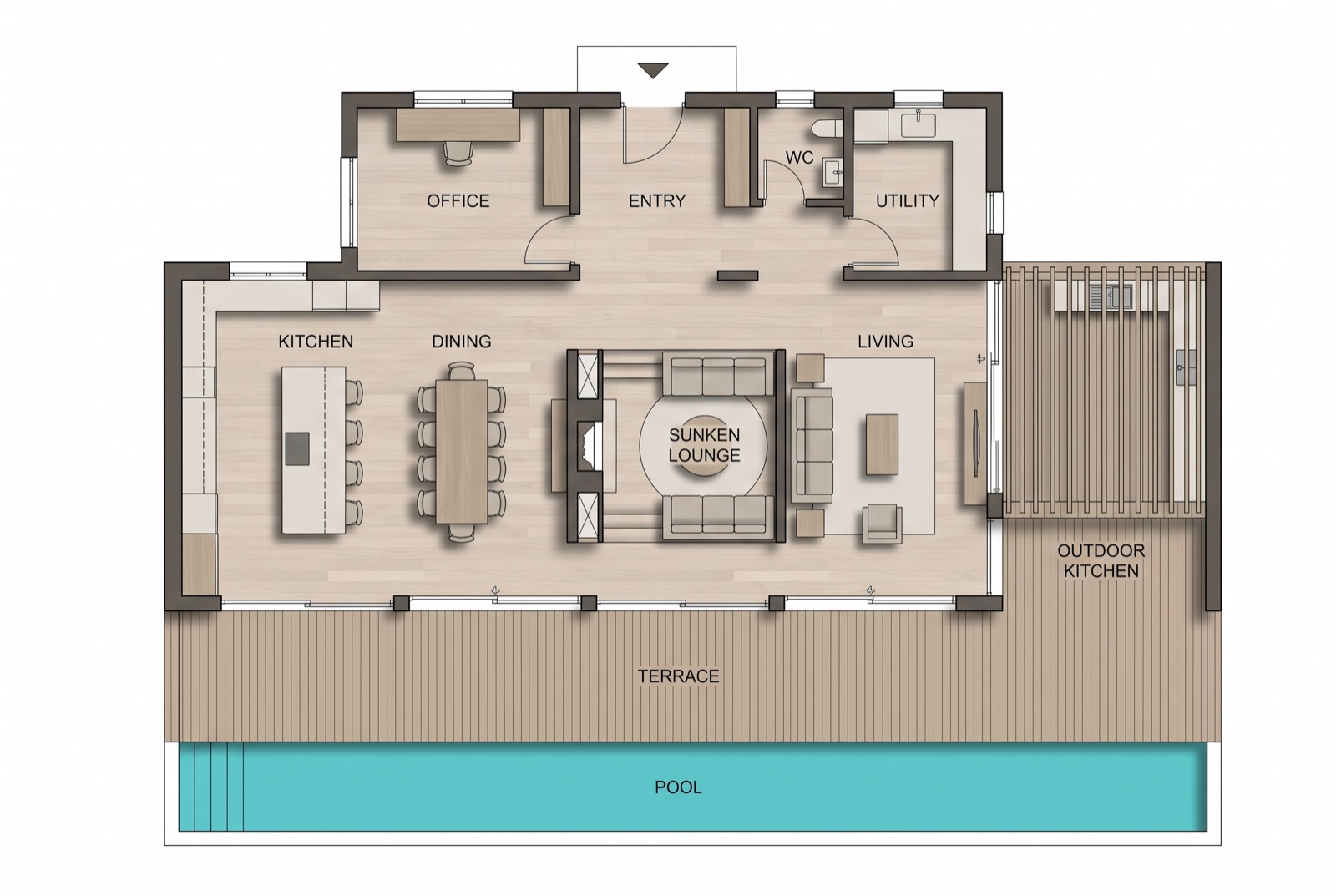 Ground floor floor plan — Open living around the sunken lounge, kitchen and dining on the glass line, office, guest WC, terrace with outdoor kitchen and the pool edge
